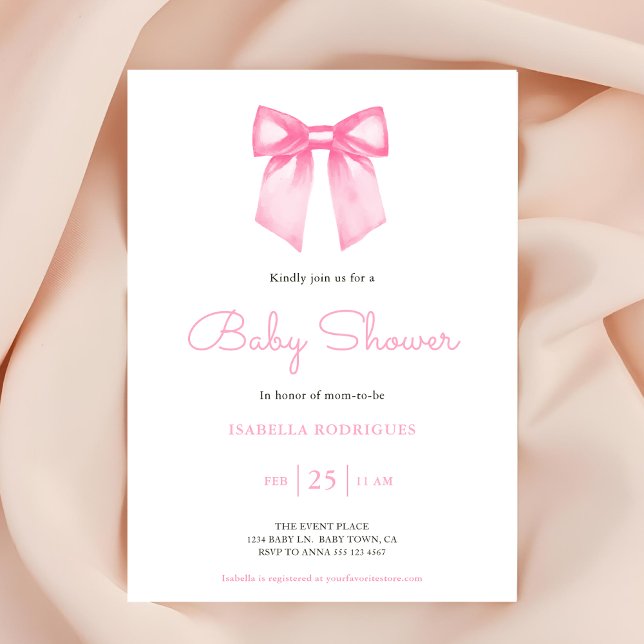Elegante Pink Bow Baby Dusche Einladung (Invite shown in 5 x 7 inches, choose size, paper and corner style. Buy print or digital invitations)