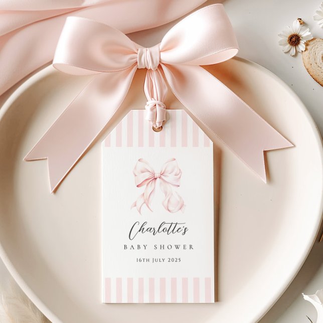 Elegante Pink Bow Baby Dusche Geschenkanhänger (Von Creator hochgeladen)
