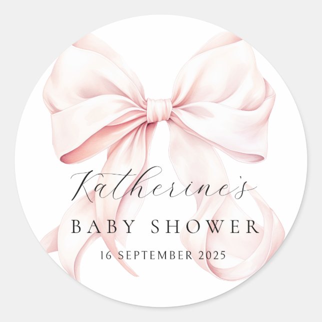 Elegante Pink Bow Baby Dusche Runder Aufkleber (Vorderseite)