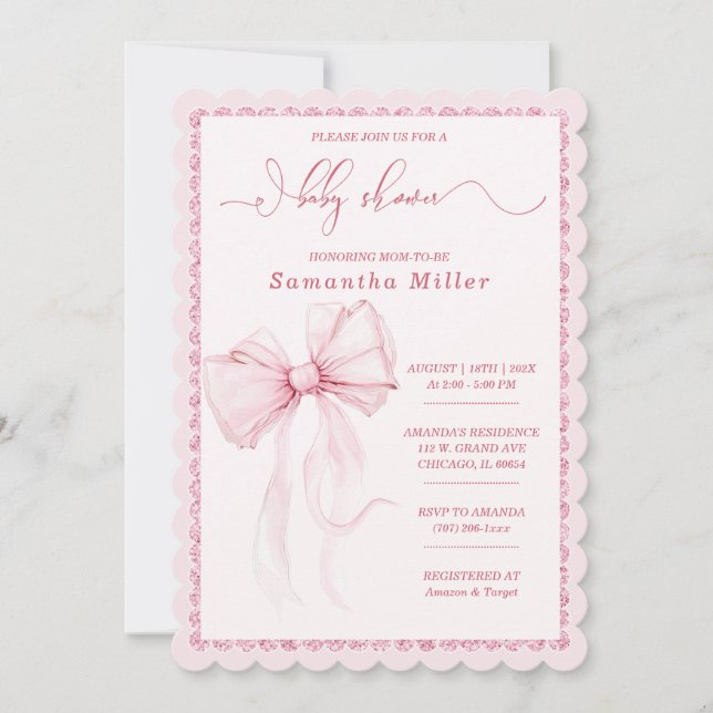 Elegante Pink Bow Baby Shower für Mädchen Einladung (Vorderseite)