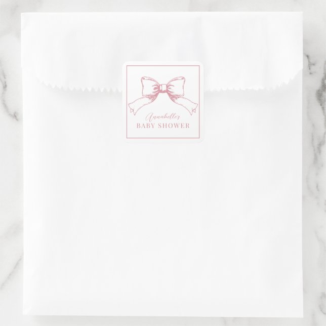 Elegante Pink Bow Girl Baby Dusche Quadratischer Aufkleber (Tasche)
