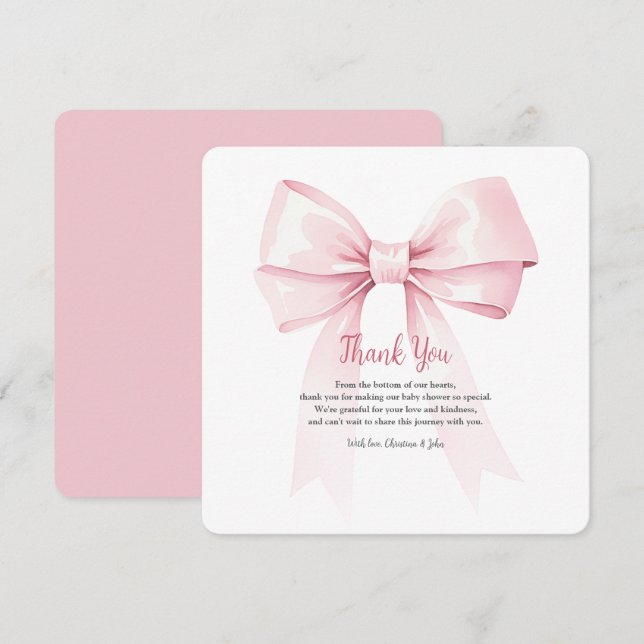 Elegante Pink Bow Girl Babydusche Danke Karte (Vorne/Hinten)