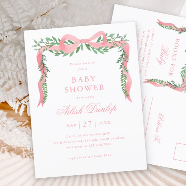 Elegante Pink Bow Girl Babydusche Einladung Postkarte (Elegant Pink Bow Greenery Girl Baby Shower Invitation Postcard.)