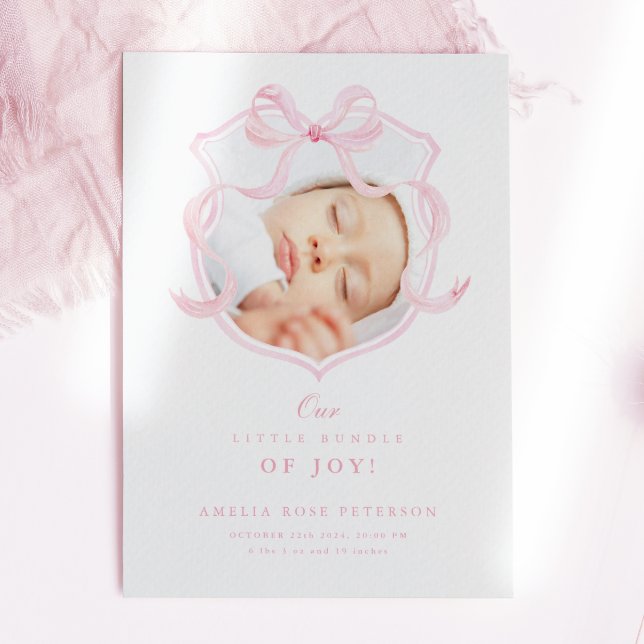 Elegante Pink Bow Girl Foto Geburtserklärung Ankündigung (Von Creator hochgeladen)