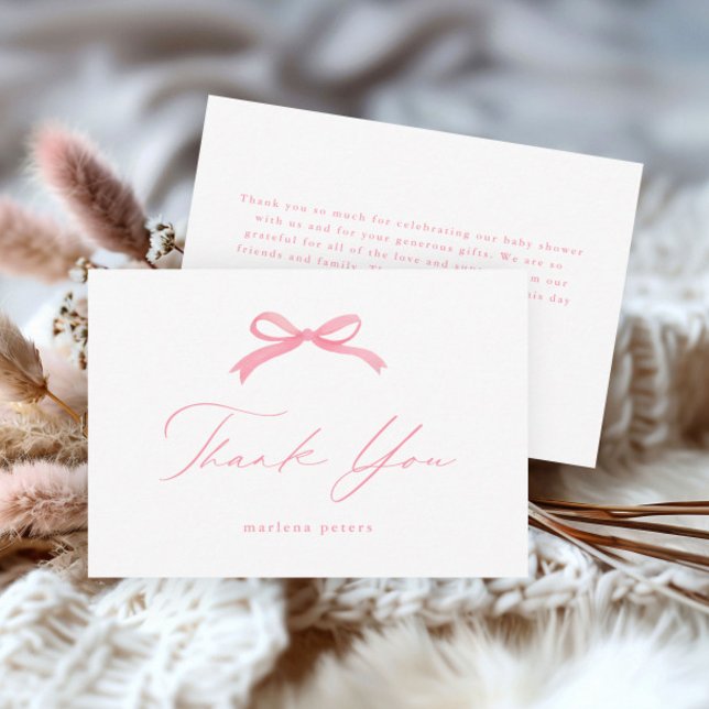 Elegante Pink Bow Girls Baby Shower Dankeskarte (Simple pink bow girls baby shower thank you card.)
