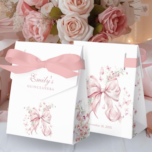 Elegante Pink Bow Pearls Quinceanera Geschenk Geschenkschachtel (Elegant Pink Bow Pearls floral Quinceañera Birthday Gift favor boxes)