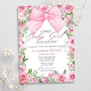 Elegante Pink Bow & Rose Coquette Girl Babydusche Einladung