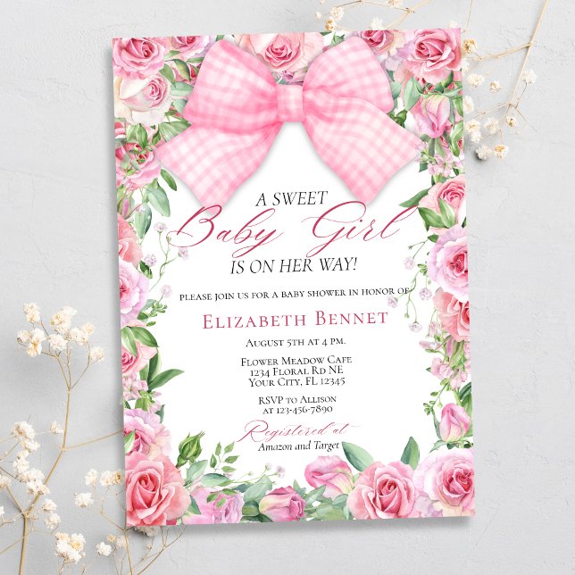 Elegante Pink Bow & Rose Coquette Girl Babydusche Einladung (Von Creator hochgeladen)