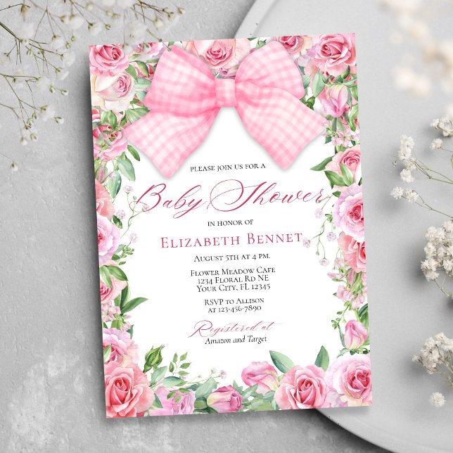 Elegante Pink Bow & Rose Coquette Girl Babydusche Einladung (Von Creator hochgeladen)