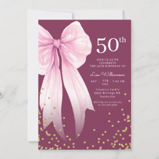 Elegante Pink Bow und Gold 50. Geburtstagsparty Einladung