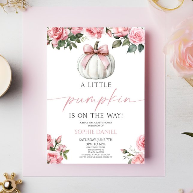 Elegante Pink Bow White Pumpkin Floral Baby Shower Einladung (Von Creator hochgeladen)