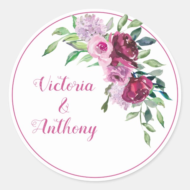 Elegante Pink Burgundy Blumenzettelschrift Hochzei Runder Aufkleber (Vorderseite)