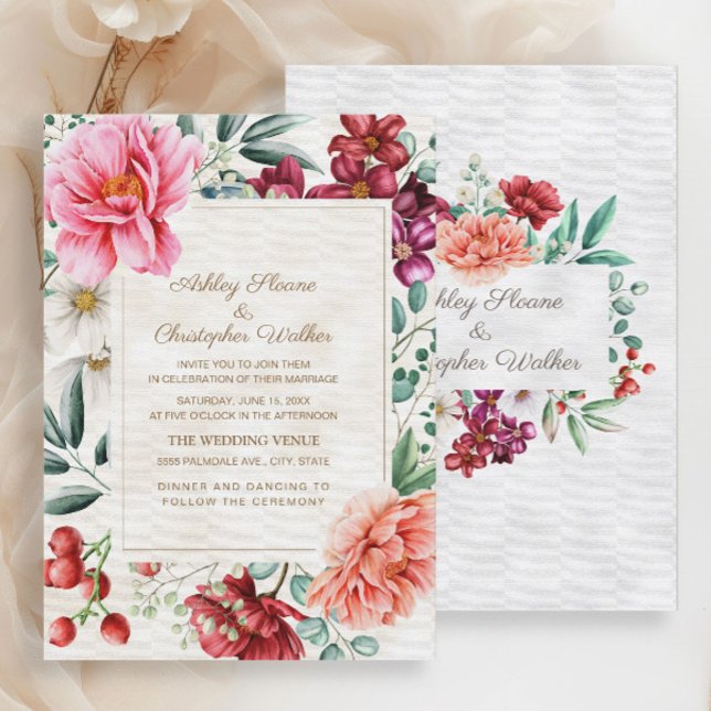 Elegante Pink Burgundy Coral Floral Wedding Einladung (Elegant pink, burgundy, and coral watercolor floral wedding invitation)