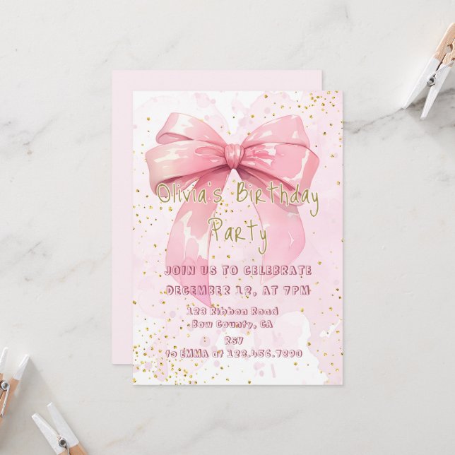 Elegante Pink Coquette Girly Bow Geburtstag Einladung (Vorderseite/Rückseite Beispiel)