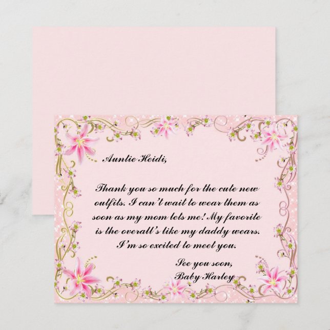 Elegante Pink Floral Baby Dusche Danke Karte (Vorne/Hinten)