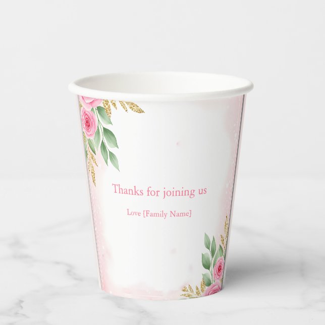 Elegante Pink Floral Baby Dusche mit Rose Pappbecher (Vorderseite)