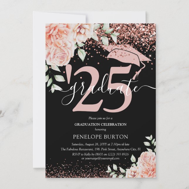 Elegante Pink Floral & Glitzer Graduation Party Einladung (Vorderseite)