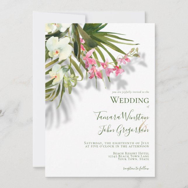Elegante Pink Floral Palms Shadows Beach Hochzeit Einladung (Vorderseite)