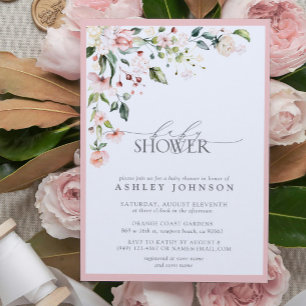 Elegante Pink Floral Script Girl Baby Dusche Einladung