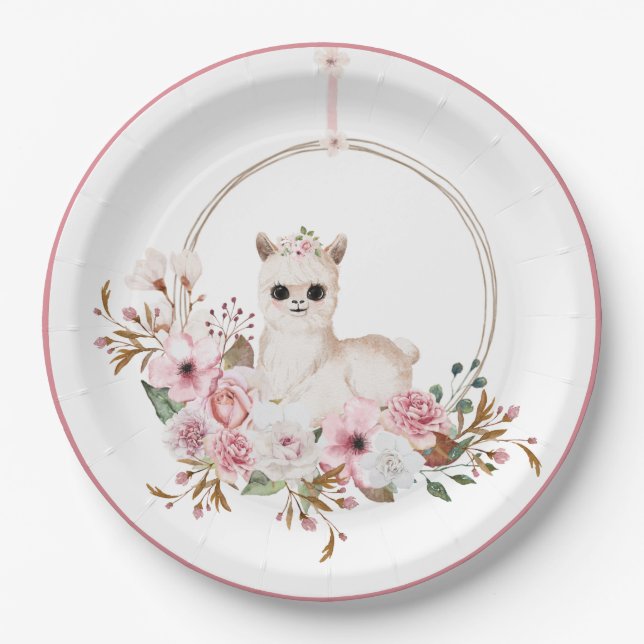Elegante Pink Floral Watercolor Llama Babydusche Pappteller (Vorderseite)