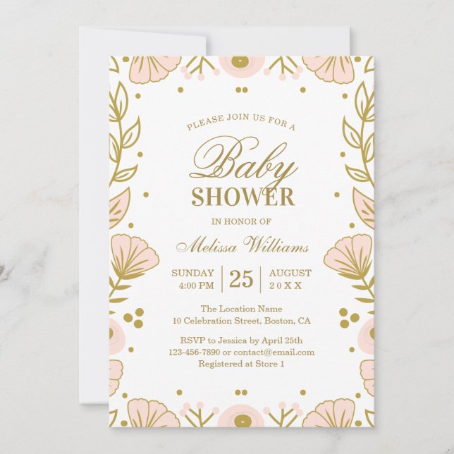Elegante Pink Gold Floral Girl Babydusche Einladung (Vorderseite)