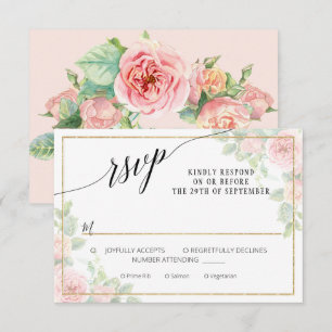Elegante Pink Gold Floral Script Wasserfarbenhochz RSVP Karte