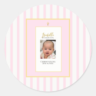 Elegante Pink Gold Foto-Taufe Runder Aufkleber