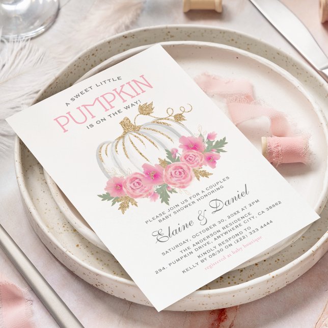 Elegante Pink & Gold Paare Pumpkin Baby Dusche Einladung (Von Creator hochgeladen)