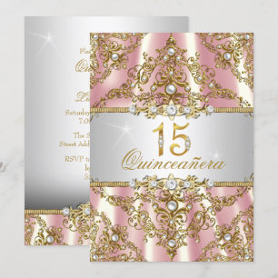 Elegante Pink Gold Pearl Damask Quinceanera Einlad Einladung