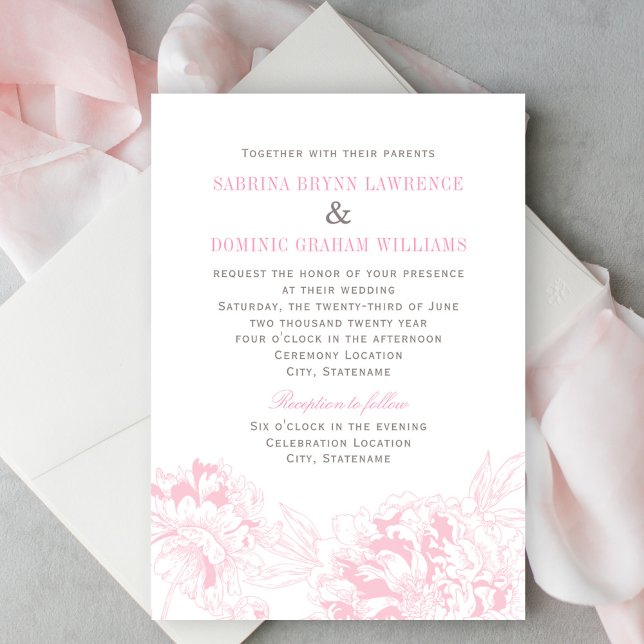 Elegante Pink Gray Floral Peony Wedding Einladung (Von Creator hochgeladen)