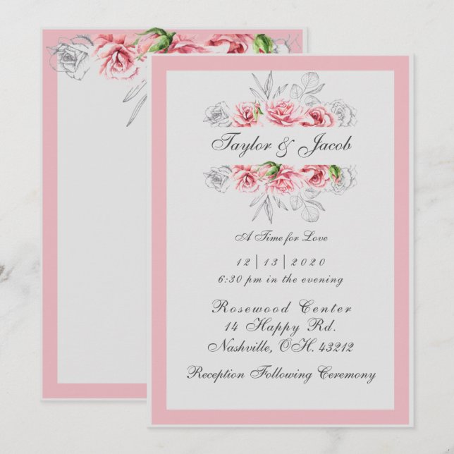 Elegante Pink Gray Floral Script Hochzeit Einladung (Vorne/Hinten)