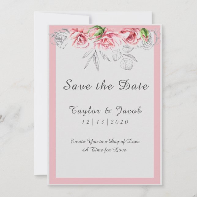 Elegante Pink Gray Floral Script Hochzeit Save The Date (Vorderseite)