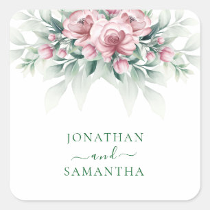 Elegante Pink Greenarry Moderne Hochzeit Quadratischer Aufkleber
