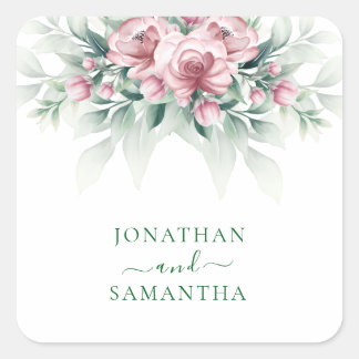 Elegante Pink Greenarry Moderne Hochzeit Quadratischer Aufkleber