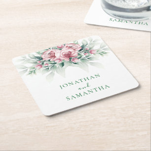 Elegante Pink Greenarry Moderne Hochzeit Rechteckiger Pappuntersetzer