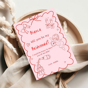 Elegante Pink Hand Drawn Bridesmaid Vorschlag Card Einladung