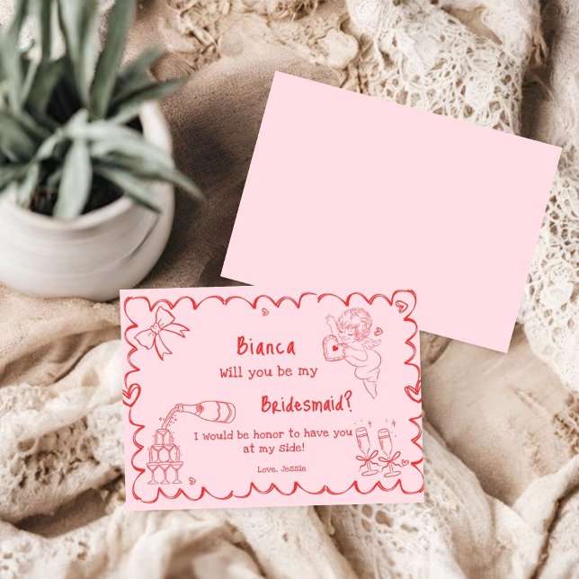 Elegante Pink Hand Drawn Bridesmaid Vorschlag Card Einladung (Von Creator hochgeladen)