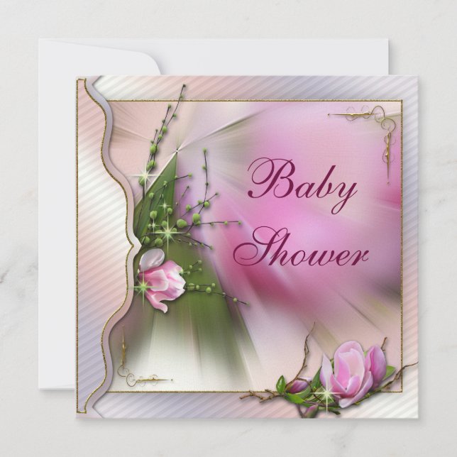 Elegante Pink Magnolia Sparkle Babydusche Einladung (Vorderseite)