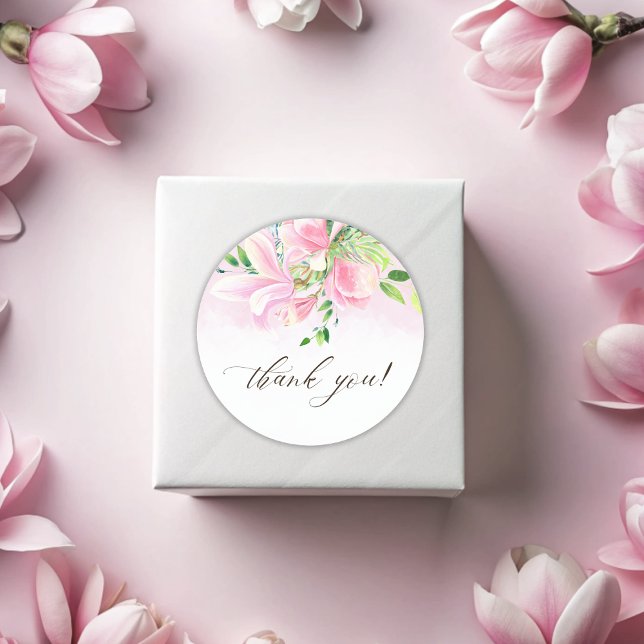 Elegante Pink Magnolia Wasserfarbe Vielen Dank Runder Aufkleber (Elegant Pink Magnolia Watercolor Thank You Classic Round Sticker)