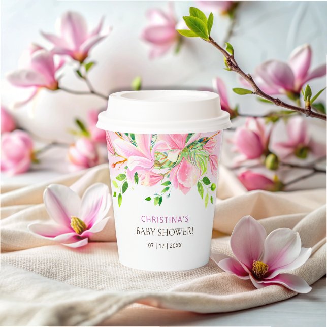 Elegante Pink Magnolia Watercolor Babydusche Pappbecher (Elegant Pink Magnolia Watercolor Baby Shower Paper Cups)