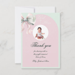 Elegante Pink Mint Bow Taufe für Baby Girl Dankeskarte