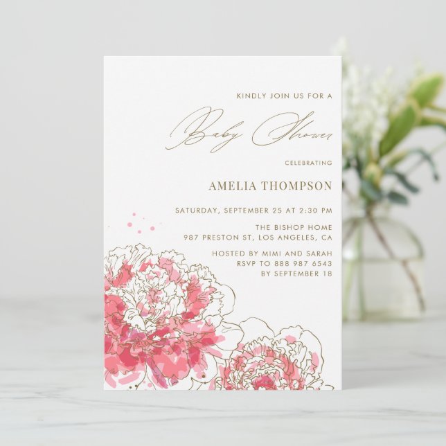 Elegante Pink Modern Peonies Floral Baby Dusche Einladung (Stehend Vorderseite)