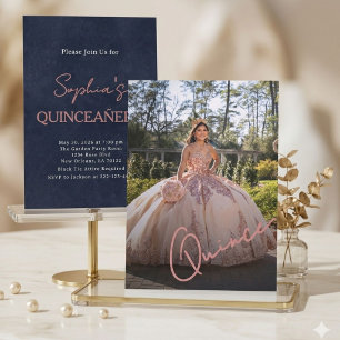 Elegante Pink & Navy Quinceañera-Foto-Einladung Einladung