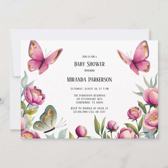 Elegante Pink Peonies & Butterfly Girl Babydusche Einladung (Vorderseite)
