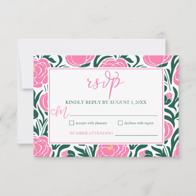Elegante Pink Peony Blume Hochzeit RSVP Karte (Vorderseite)