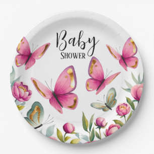 Elegante Pink Peony & Butterflies Girl Baby Shower Pappteller