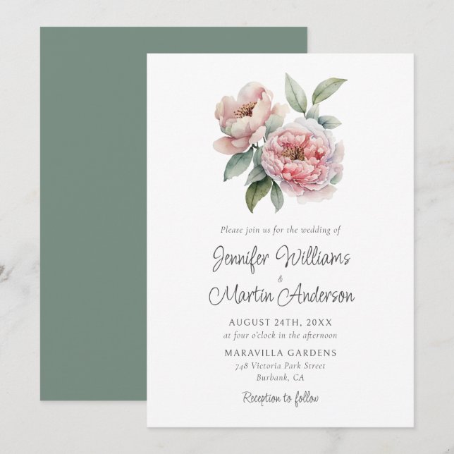 Elegante Pink Peony Floral Wedding Einladung (Vorne/Hinten)