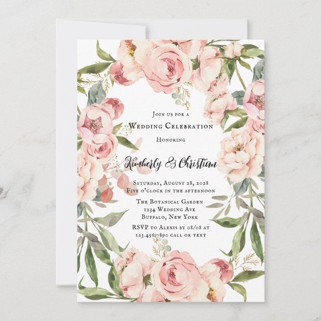 Elegante Pink Peony Watercolor Blumenhochzeit Einladung (Vorderseite)