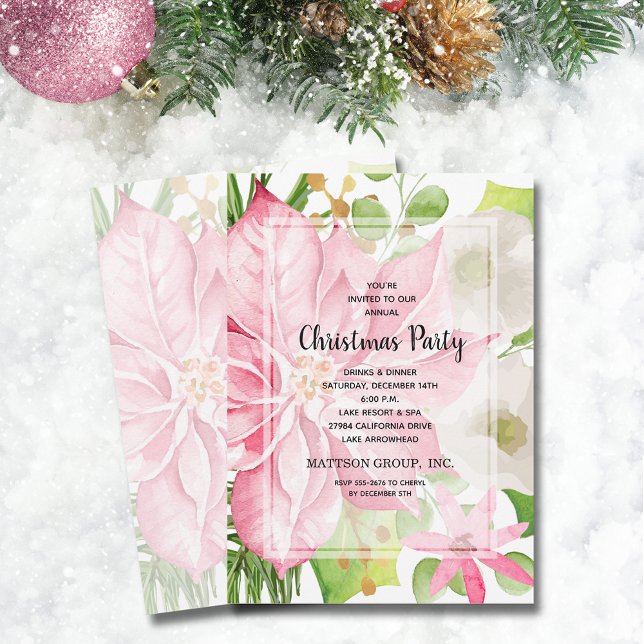 Elegante Pink Poinsettia Blumenweihnachtsfest Einladung (Elegant Pink Poinsettia Floral Christmas Invitations)