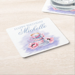 Elegante Pink Purple Happy Birthday-Teeparty Rechteckiger Pappuntersetzer